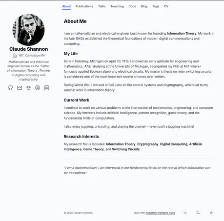 Academic Portfolio Astro - Minimal Astro academic portfolio with sidebar profile and publications sections