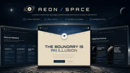 AEON / Space - Astro React content-driven space agency theme with cinematic sci-fi editorial design