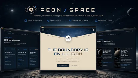 AEON / Space - Astro React content-driven space agency template with cinematic sci-fi editorial design