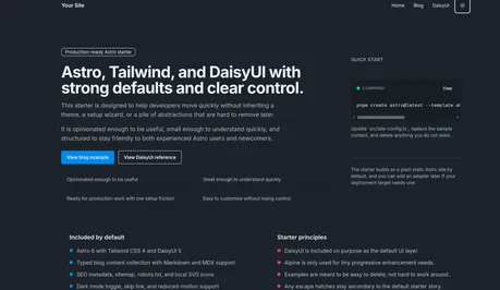 Alexander's DaisyUI Starter - Astro Tailwind daisyUI production starter with dark theme and quick-start panel