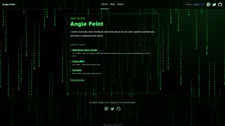 Anglefeint - Cinematic Astro personal-publishing theme with Matrix-style green rain effect and multilingual routes