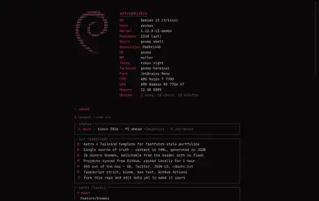 Astro Distro - A fastfetch-style Astro portfolio template configured from YAML with switchable distro themes and GitHub project syncing.