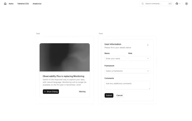 Astro shadcn/ui Template Astro theme preview