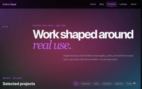 Astro Haze - Glassmorphism Astro portfolio theme with dark purple gradient and bold display headline