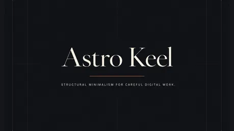 Astro Keel - Editorial Astro portfolio and blog theme with minimalist dark cover and elegant serif logotype