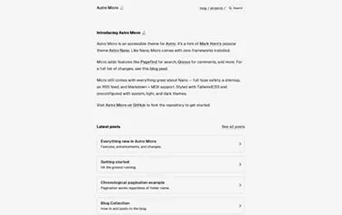 Astro Micro - Astro blog template featuring narrow layout, gray background and subtle animations