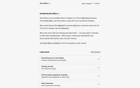 Astro Micro - Astro blog template featuring narrow layout, gray background and subtle animations