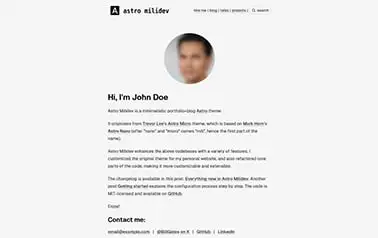 Astro Milidev - Tailwind Astro portfolio theme featuring gray backdrop, narrow layout and translucent nav
