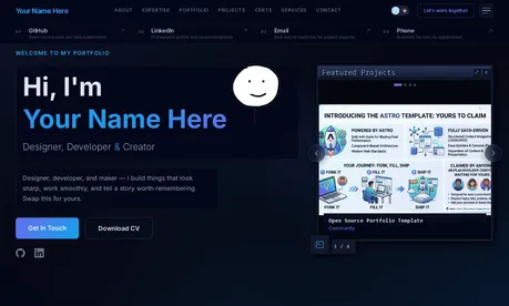 Astro Portfolio Landing Page - Astro portfolio landing page with dark hero, project carousel, and printable resume