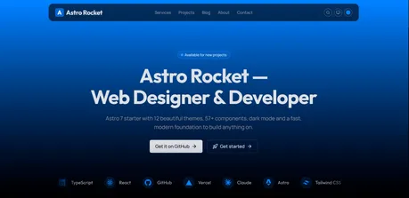 Astro Rocket - Astro 7 starter with 12 themes, 57+ components, and vivid blue gradient hero