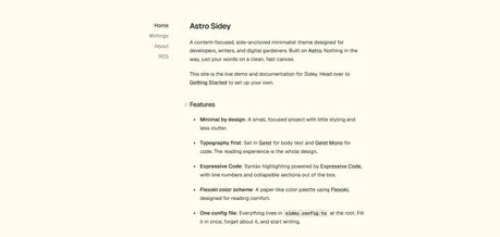 Astro Sidey - Minimalist Tailwind Astro personal blog theme with side-anchored nav and typography-first layout