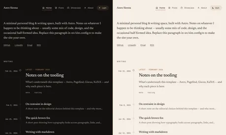 Astro Sienna - Minimal Astro writing blog with serif type and light/dark timeline layout