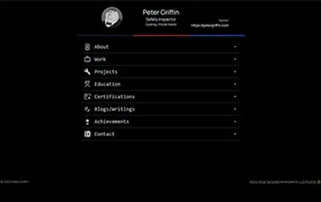 Astro-Vitae - Simple Tailwind CSS and Alpine.js Astro resume template with accordion elements wrapped in a dark theme.