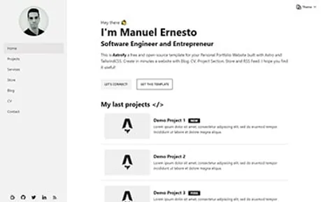 Astrofy - Simple Tailwind CSS Astro personal website template with a fixed sidebar and a scrolling content area.