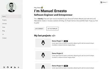 Astrofy - Simple Tailwind CSS Astro personal website template with a fixed sidebar and a scrolling content area.