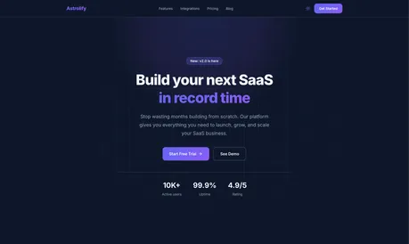 Astrolify - Astro SaaS landing page template with dark theme and violet accents