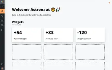 Astronaut - Free Astro admin dashboard theme featuring a collapsible sidebar and vibrant orange accents.