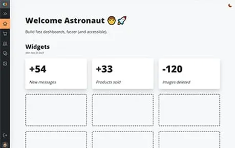 Astronaut - Free Astro admin dashboard template featuring a collapsible sidebar and vibrant orange accents.