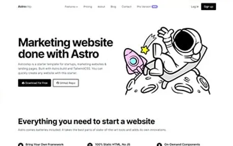 Astroship - Superb free Tailwind CSS Astro SaaS landing page template with several pre-built pages included.