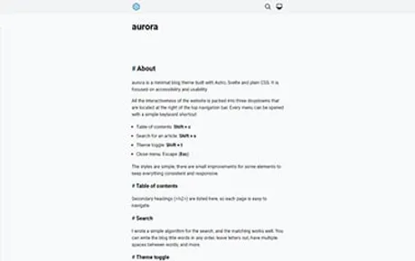 Aurora - A basic free Svelte Astro blog template ideal for simple projects that need a quick launch.