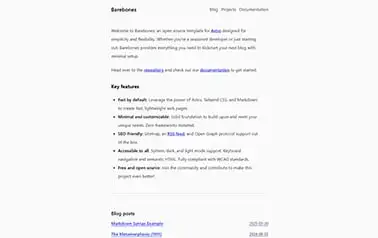 Barebones - Tailwind Astro personal website theme featuring narrow layout and dark theme toggle