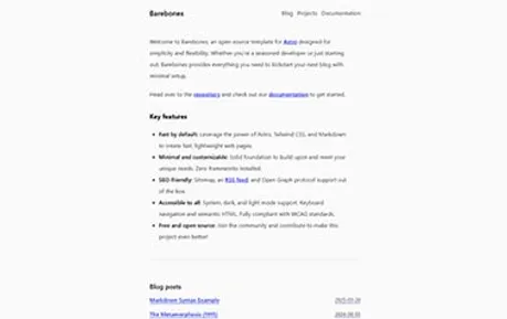 Barebones - Tailwind Astro personal website template featuring narrow layout and dark theme toggle