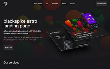 Blackspike - Tailwind Astro startup landing page template featuring modern dark theme and subtle hover effects