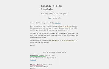 Blahg - TinaCMS Astro blog template featuring narrow layout, gray background and colorful accents