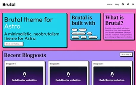 Brutal - A characterful free UnoCSS Astro blog template following the striking brutalist design trend.
