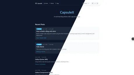 CapsuleX - Minimal Astro blog theme with capsule floating nav and split light/dark hero