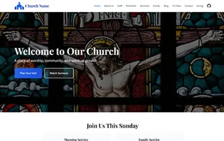 Church Starter - Tailwind Astro church website template featuring multiple pages and blue accents