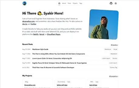 Devolio - Tailwind CSS Astro portfolio template that's minimal and efficient, perfect for developers and makers.