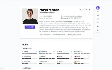 Devscard - Organized Tailwind CSS Astro resume theme with gray background sections and clear text boxes.