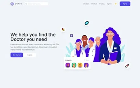 Dokto - A great free Tailwind CSS and Alpine.js Astro medical services template featuring evocative illustrations.