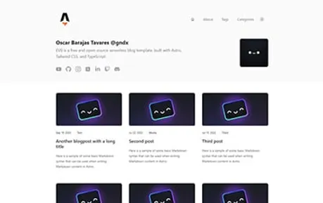 EV0 - Free Tailwind CSS Astro blog template offering a simple grid layout for the latest articles.