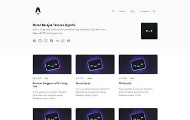 EV0 - Free Tailwind CSS Astro blog theme offering a simple grid layout for the latest articles.
