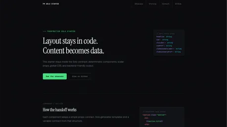 FM Solo Starter - Astro starter generating Twig/PHP templates, dark theme with code-preview panels