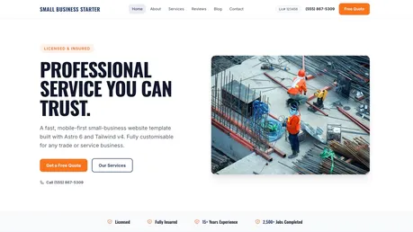 Free Small Business Starter - Astro Tailwind small-business template for trades with bold hero and orange accents