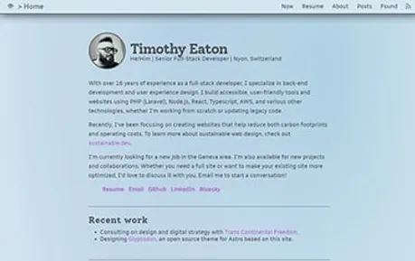 Glyptodon - Astro personal website template featuring multiple pages, including a blog, all wrapped in a blue color scheme.