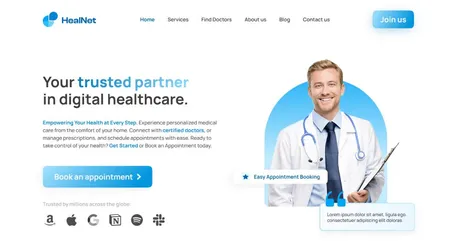 HealNet - Tailwind Astro healthcare landing page with clinician hero photo and appointment booking CTA