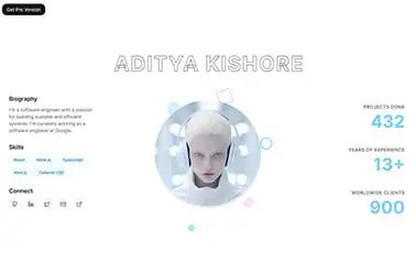 Kishore Portfolio Free - React Astro personal website theme featuring an interactive image section and eye-catching stats.