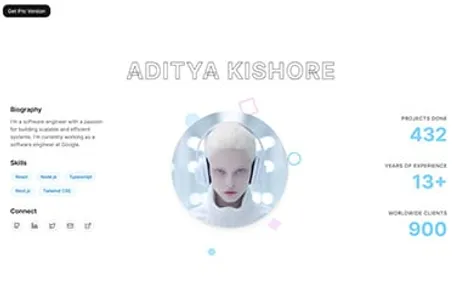 Kishore Portfolio Free - React Astro personal website template featuring an interactive image section and eye-catching stats.