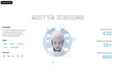 Kishore Portfolio Free - React Astro personal website template featuring an interactive image section and eye-catching stats.