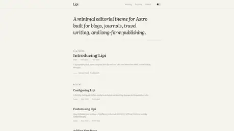 Lipi - Typography-first Astro theme for long-form writing with minimal serif light layout