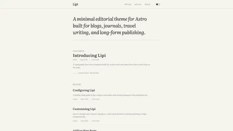 Lipi - Typography-first Astro template for long-form writing with minimal serif light layout