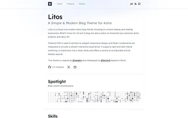 Litos - Tailwind React Astro blog template with a narrow layout and tag carousel
