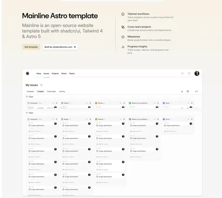 Mainline Astro Template - An Astro template built with shadcn/ui, Tailwind 4 & Astro 5