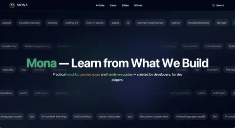 MonaKit - An Astro theme featuring multi-format content including knowledge cards, articles, slide presentations, and doodle announcements.