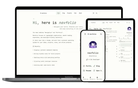 Navfolio - Clean Astro personal portfolio theme with monospace type and cat mascot avatar