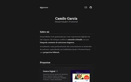 Portfolio Garaven - Tailwind CSS Astro personal website template featuring a narrow layout, colorful icons, and a dark theme.